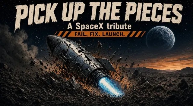 The game art. The words Pick Up the Pieces and A SpaceX tribute, over an orange and black striped band that reads Fail. Fix. Launch. Below it, a dented rocket lies tilted in rocky ground, with debris flying around it and blue flame coming out of the engine. A planet and an orange sunset are in the sky behind it.