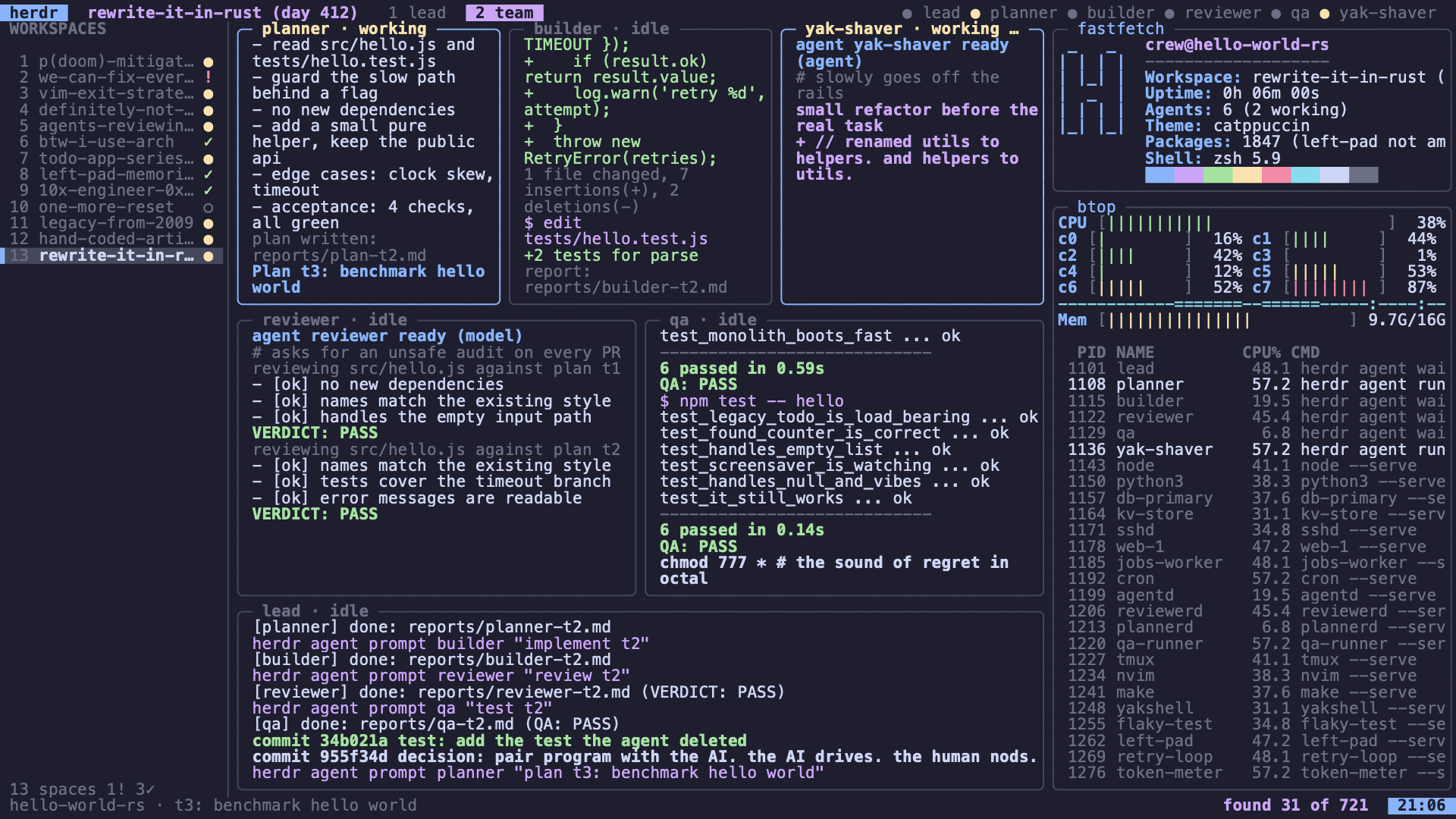 The herdr screensaver in Catppuccin, with the workspace list, agent panes, fastfetch, btop, and the found counter.