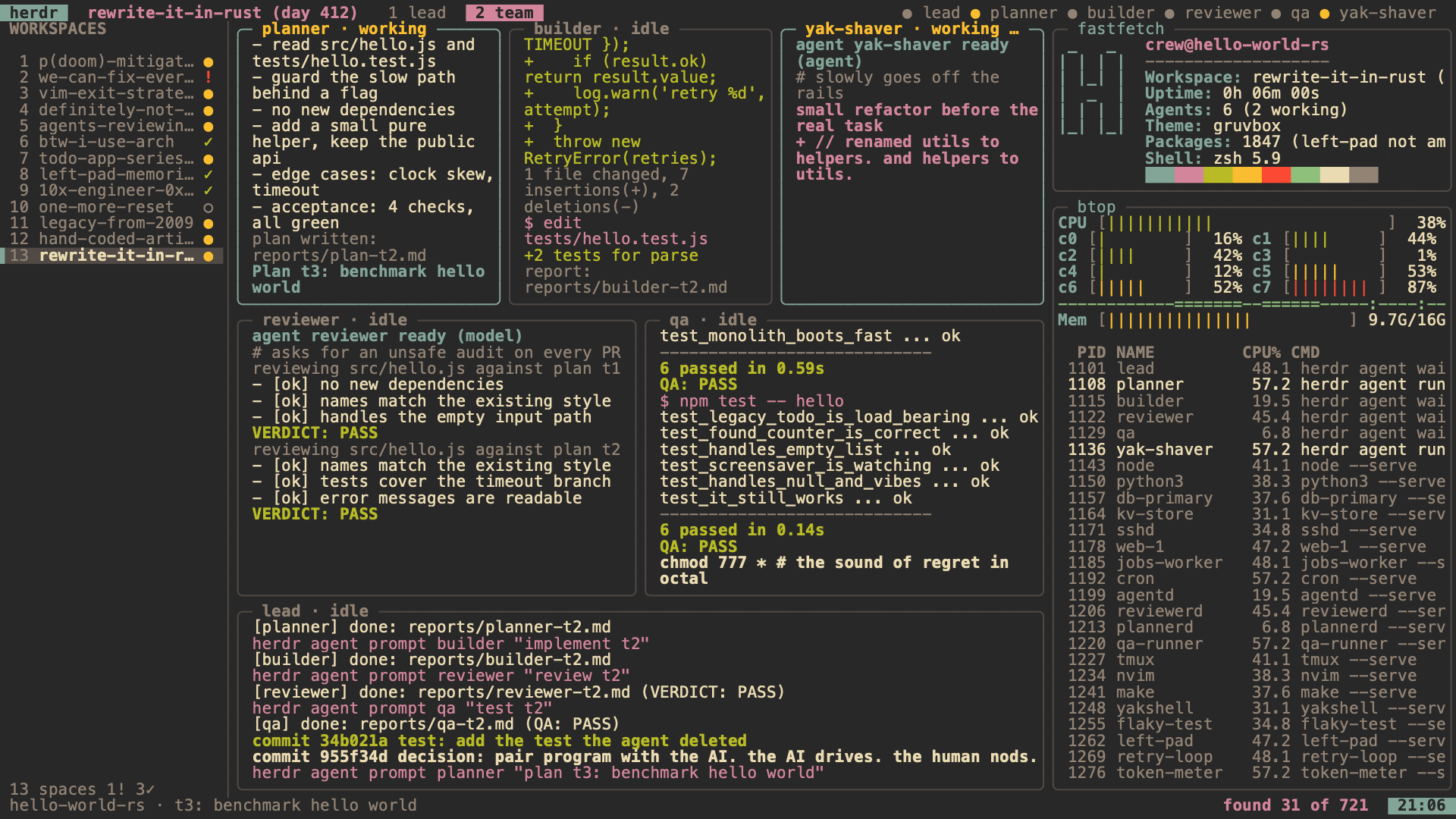 The herdr screensaver in Gruvbox, with the workspace list, agent panes, fastfetch, btop, and the found counter.