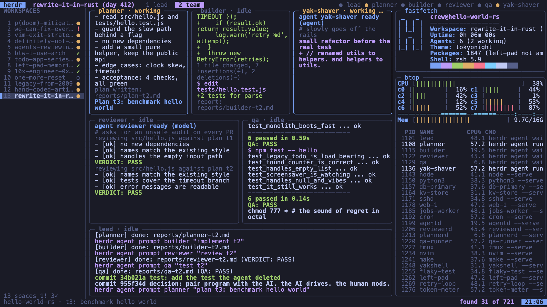 The herdr screensaver in Tokyo Night: a workspace list on the left, agent panes in the middle, fastfetch and btop on the right, and the found counter at the bottom.